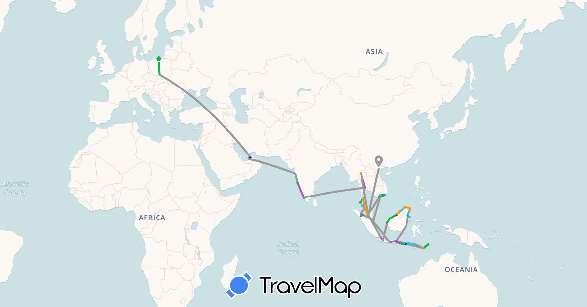 TravelMap itinerary: driving, bus, plane, train, boat, hitchhiking in United Arab Emirates, Brunei, Indonesia, India, Malaysia, Oman, Poland, Singapore, Thailand, East Timor, Vietnam (Asia, Europe)